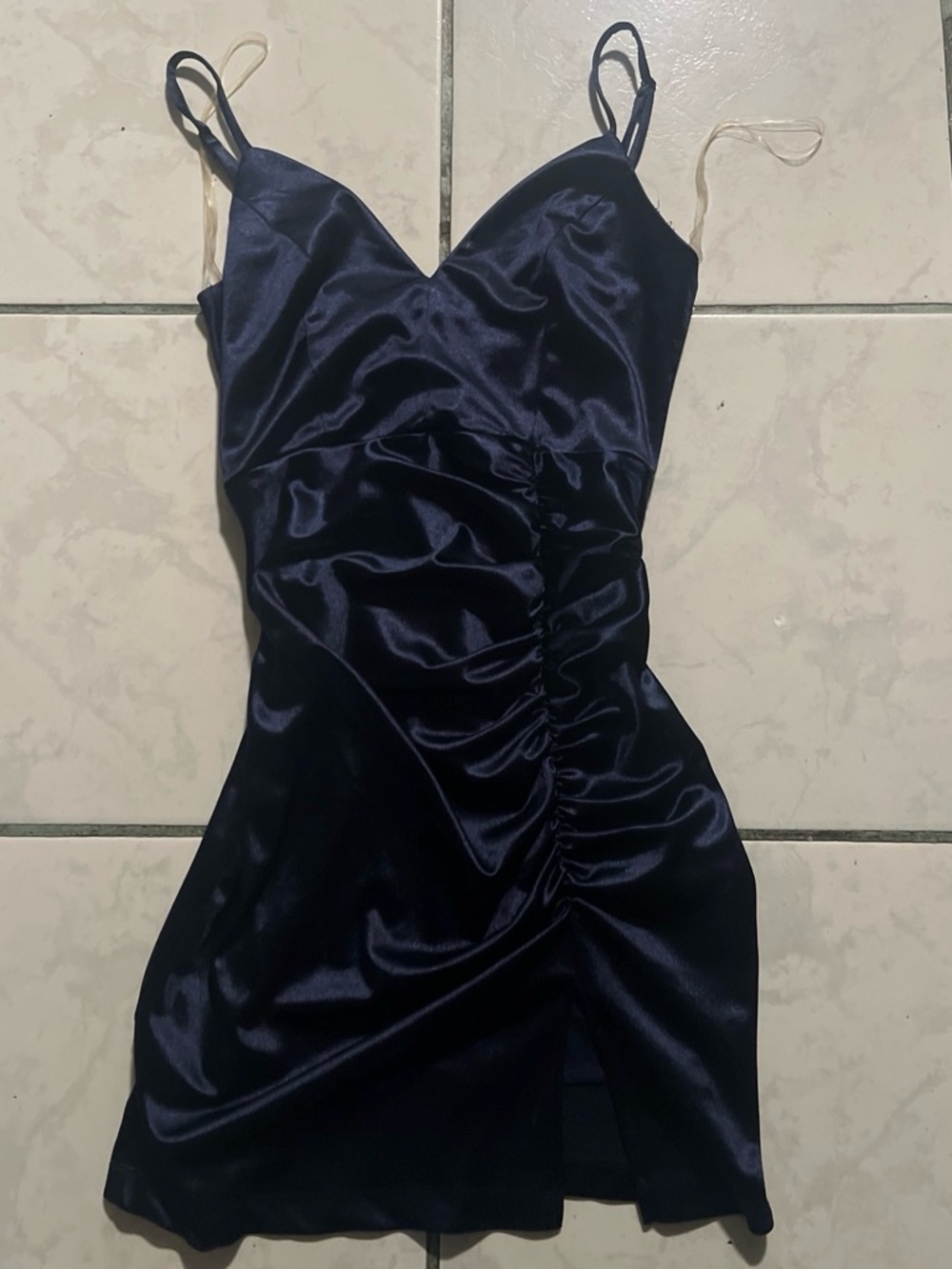 Satin Navy Ruched Spaghetti-Strap Mini Dress